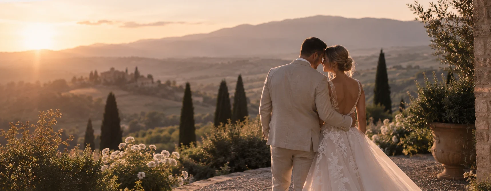 A couple looking out across a sunset landscape