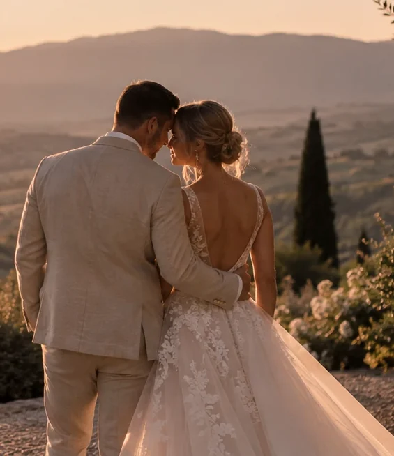 A couple sharing a quiet moment on a terrace above the hills at sunset