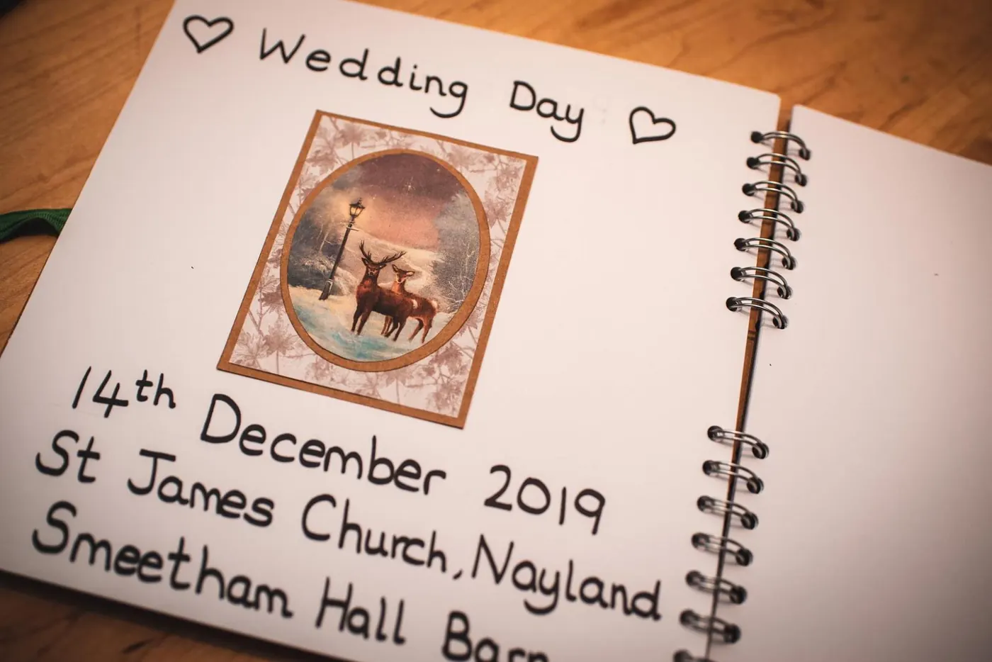 Hand-drawn "wedding day" notebook page with the date and venues